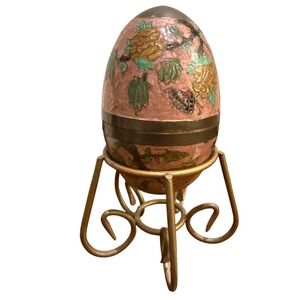 Enamel Painted Large Brass Egg Trinket Box with Stand 8" Made in India